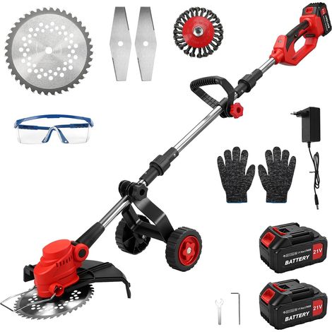 Débroussailleuse sans fil 3 en 1 avec roue, 3 types de lames, batterie (2 x 4,0 Ah) et chargeur, poignée réglable, tête pivotante à 90°, pour jardin et pelouse (1/5)
