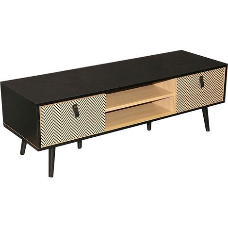 Meuble TV CHELSEA avec motifs - Bois clair et noir - 120 x 40 x H 40 cm - Livraison gratuite (1/5)