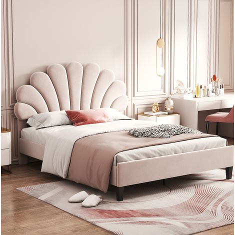 Lit rembourré moderne 140x200 cm en velours beige avec tête de lit fleurie, sommier à lattes inclus (1/5)
