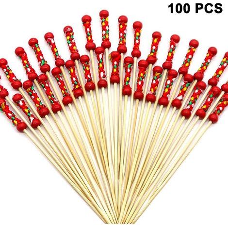 100 cure-dents à cocktail en bambou naturel, faits main et écologiques, pour apéritifs, fruits et desserts. (1/4)