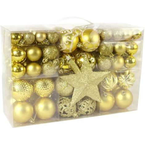 Packung mit 101 robusten Weihnachtsbaumschmucken aus Kunststoff, Weihnachtsdekorationen für Innen und Außen, golden (1/3)
