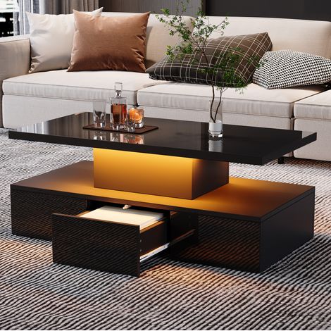 Mesa de centro 100x50x39 cm negra en tablero de partículas con LED regulable y cajón (1/5)