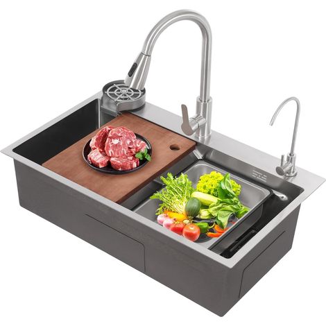 Fregadero de cocina plateado con grifo, kit de fregadero multifuncional de 75 x 45 x 22 cm, resistente línea guía en forma de U y estructura de microinclinación, dispensador de jabón, embellecedor