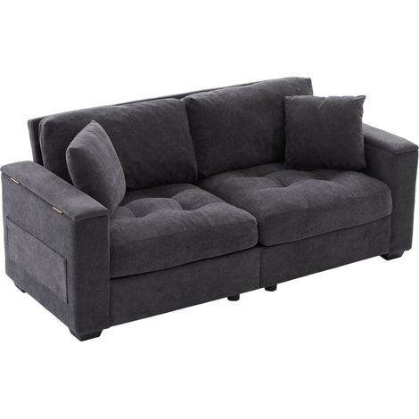 Canapé 2 places en tissu avec rangement dans les accoudoirs, coussins inclus, pour petits espaces, structure en bois, gris foncé, confort ferme CHICFURN (1/5)
