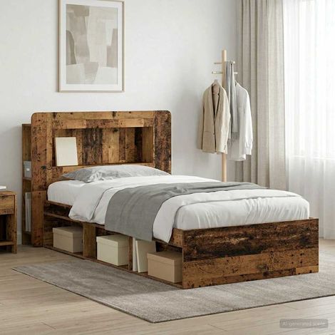 Cadre de lit 90 x 200 cm avec rangement, bois d’ingénierie, couleur bois ancien - PANGIVO (1/5)