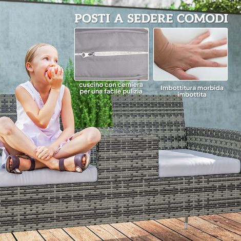 Banquette jardin 2 places avec table centrale intégrée, rotin synthétique et acier, 137x59x82 cm, gris anthracite. (1/5)