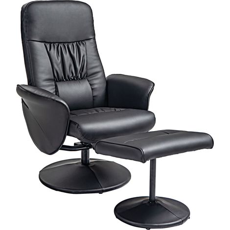Fauteuil relax pivotant avec ottomane en cuir synthétique noir pour salon et chambre (1/5)
