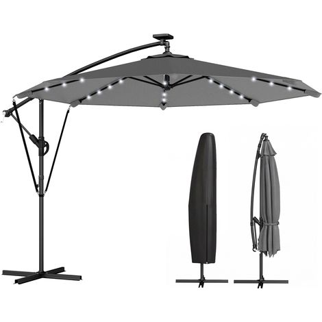 Freitragender Gartenschirm mit Solar-LED-Beleuchtung, 32 Lampen, Kurbelgriff, UV-Schutzhülle (50+), Ø 295 cm, Grau