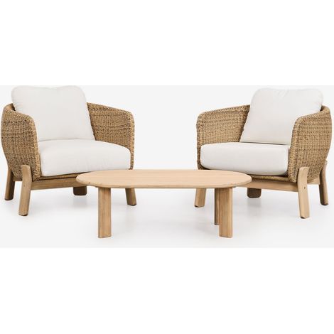 Conjunto de jardín con 2 sillones y mesa de centro en madera de acacia y ratán Leilan SKLUM              (1/5)