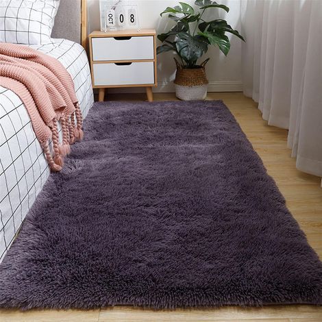 Tapis d\'intérieur rectangulaire à poils longs, antidérapant et doux, lavable, idéal pour la chambre et le salon, violet foncé, 60 x 160 cm (1/5)