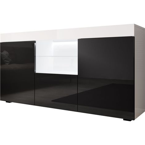 Sideboard mit LED Küchenschrank Kommode Wohnzimmerschrank Aufbewarungsschrank Buffet Esszimmer 135x72x34cm Modell Sefora Weiss mit Schwarz Glanz