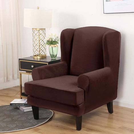 Set of 2 wingback chair covers - Stretch velvet - With elastic at the bottom - Coffee (1/5)