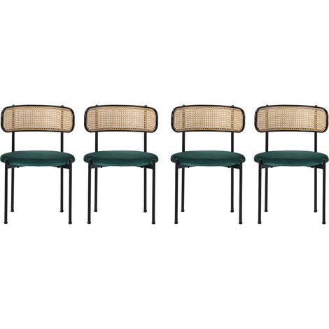 Chaise de salle à manger en velours vert, design moderne avec structure métal et détails rotin, confortable pour salon et chambre, ensemble de 4 chaises élégantes et fonctionnelles (1/5)