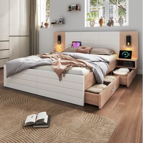 Lit 160x200 avec tiroirs, USB, chêne HAVRYA (1/5)