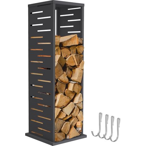 ML-Design Range-bûches vertical en acier galvanisé 37,5 x 37,5 x 112 cm, intérieur et extérieur, motif de treillis, support colonne rangement bois de chauffage cheminée, 4 crochets, anthracite mat (1/5)