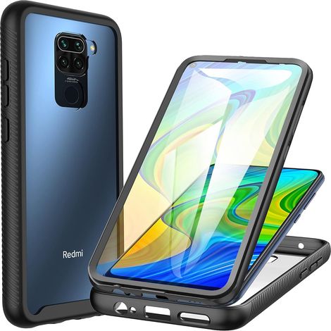 Coque Xiaomi Redmi Note 9, Antichoc Housse avec Protection d'écran, 360° Protégé Téléphone Etui Double Face Bumper Transparent Case Portable Intégrale Coque pour Redmi Note 9 - Noir (1/5)