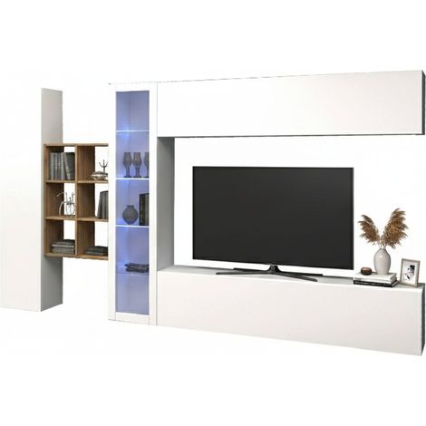Dmora - Pared Equipada Dcavio, Conjunto de salón Mueble de TV con 4 puertas, Mueble de salón polivalente con vitrina y luz LED, 100% Made in Italy, cm 280x30h180, Blanco brillo y Arce