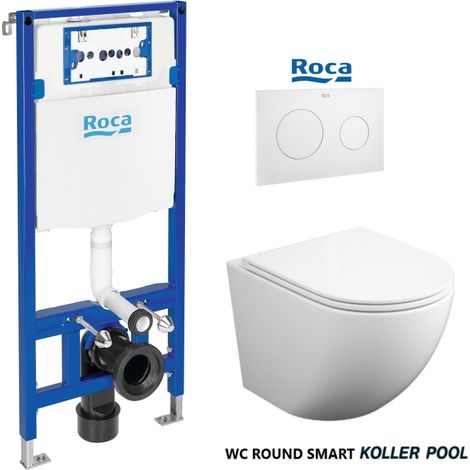 Bâti-support ROCA Duplo pack réservoir encastrable et plaque PL10 Blanc Mat avec WC suspendu ROUND SMART Blanc 52 cm abattant fin Tornade 3.0 par KP (1/3)