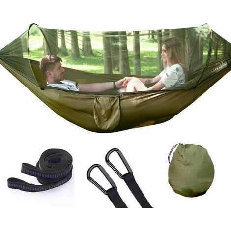 Green Mobility-Hamac de Camping avec moustiquaire, 1-2 Personnes, Portable et léger, Parachute Pop-up pour l'extérieur ou Le Camping, Les Voyages, la Plage (250 x 120 cm/Vert Militaire) (1/5)