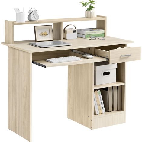 Bureau d'Ordinateur Bois PC Bureau Informatique avec Porte Clavier Coulissant Tiroir et 2 étagères de Rangement Table de Bureaux pour Chambre Studio 106 x 50 x 94 cm (1/5)