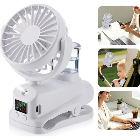 (Blanc) Ventilateur électrique à clip avec brumisateur, mini ventilateur domestique silencieux USB à 4 vitesses, adapté aux poussettes. (1/5)