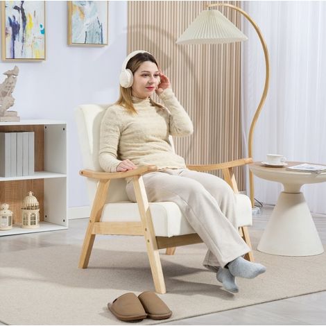 Fauteuil 80x65x83 cm crème blanc, avec accoudoirs et coussin, structure en bois, polyester MEUBLIV (1/5)