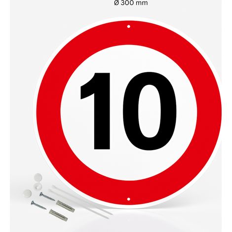 Limitation de vitesse 10km/h panneau de signalisation rond en aluminium prépercé avec kit de fixation complet - Diamètre 300 mm