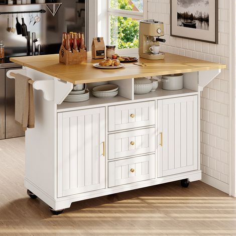 Kitchen island, cabinet, sideboard 120 x 40 (80) x 95 cm, extendable kitchen trolley with casters, extendable on both sides, with towel rail and spice rack, two doors, three drawers, black/white