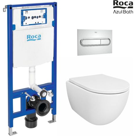 Pack Bastidor ROCA Duplo Cisterna Empotrada y Pulsador PL1 Cromo Br + Inodoro Suspendido SWISS 53 cm Tornado y SoftClose