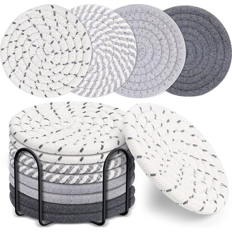 Sous-verre - Coton Tissé - 11 x 11 cm - Rond - Gris - Lot de 8 avec Support (1/5)