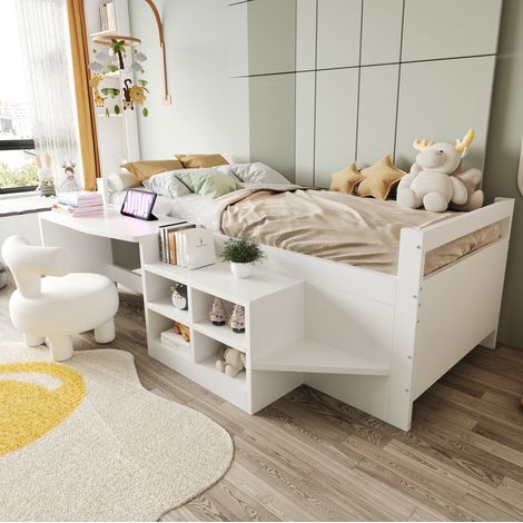 MEUBLIV Lit 90x200 cm blanc – avec bureau, rangements et prises USB, sans matelas (1/5)