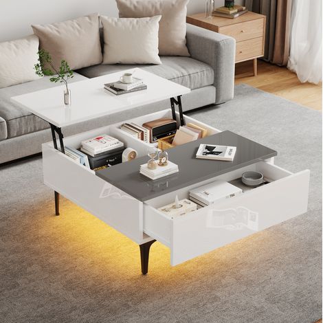 Höhenverstellbarer Couchtisch 70x70 cm mit Stauraum, Schublade, LED, MDF weiß/grau HAVRYA (1/5)