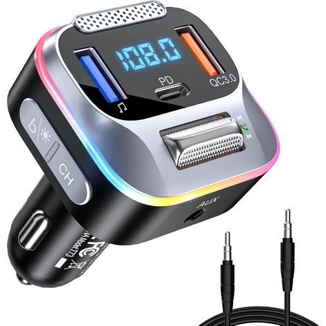 Bluetooth FM car transmitter, Bluetooth 5.0 cigarette lighter charger (PD+QC3.0), AUX receiver, large microphone, HiFi sound with deep bass, hands-free function, Siri and Google Assistant
