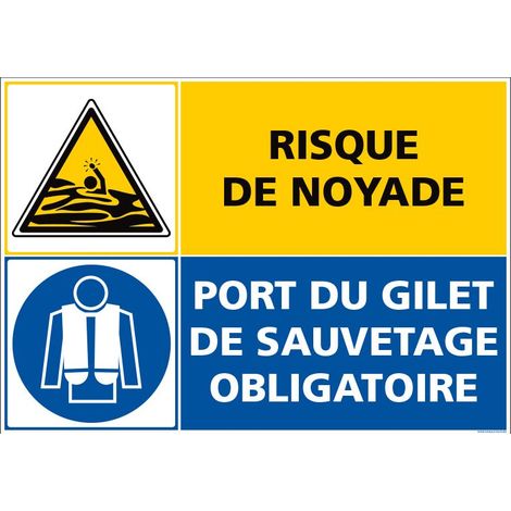 PANNEAU RISQUE DE NOYADE - PORT DU GILET DE SAUVETAGE OBLIGATOIRE (C1517) - Adhésif - 420 x 300 mm