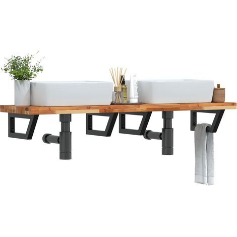 Étagère murale pour lavabo 140 x 40 x 4 cm en acier noir et acacia massif, 4 supports - PANGIVO (1/5)