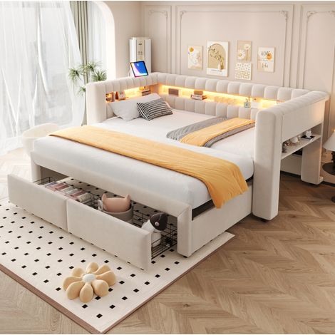 Sofá cama 90/180x190 cm beige, extraíble, almacenaje, LED, USB y USB-C OKWISH (1/5)