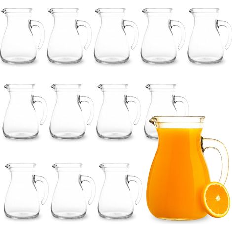 12 Caraffe in vetro da 1 litro con manico ergonomico e beccuccio antigoccia - Brocca lavabile in lavastoviglie. Perfetta per servire acqua, vino o suc (1/5)