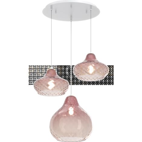 SOSPENSIONE OTTONE SATINATO 3 LUCI TONDA VETRI PICCOLI RUBINO 1191OS-S3 TP-RU