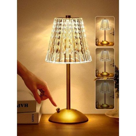 Lámpara de mesita de noche táctil, lámpara de mesa de cristal de 3 colores para dormitorio, inalámbrica y recargable -Crezuo