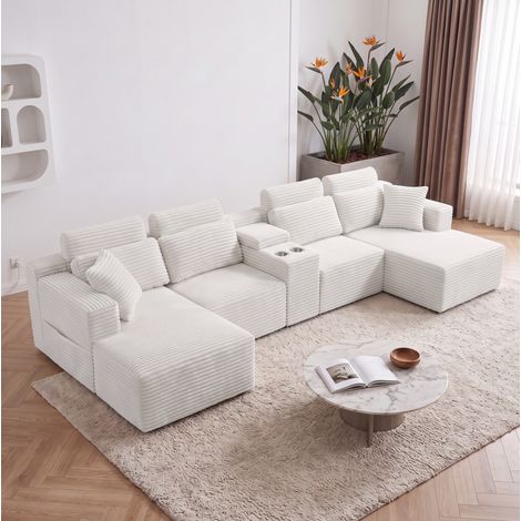 Canapé modulable en U 373 x 150 cm crème avec 2 porte-gobelets OKWISH (1/5)