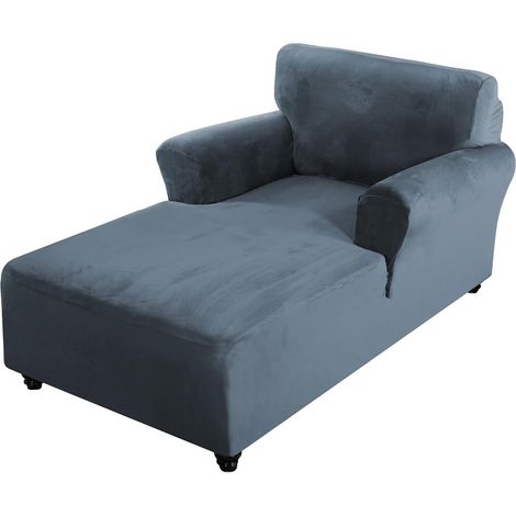 Velvet Chaise Lounge Cover with Double Armrests, Elasticated Chair Cover for Chaise Lounge, Machine Washable for Living Room/Bedroom (Blue Grey) (1/5)