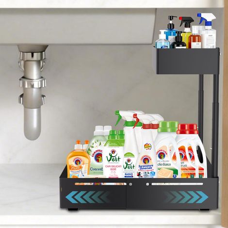 Organisateur de cuisine, étagère sous évier, étagère de Rangement Extensible, Panier de Rangement Réglable en Hauteur Pour la Cuisine, la salle de Bain, les Produits d'entretien, Noir (1/5)