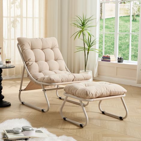REDOM Sillón de jardín con otomana, respaldo reclinable, cojín acolchado, estructura de acero ,beige