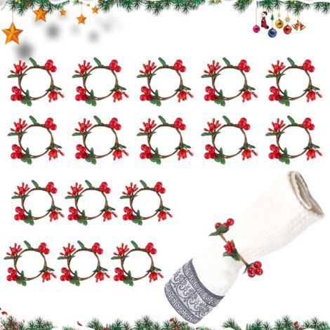 royaluxe-Lot de 16 Ronds de Serviette de Noël Rond de Serviette Noel avec Baies Rouges pour fête de Noël Thanksgiving, Décoration de Table du Nouvel an (Rouge) (1/5)