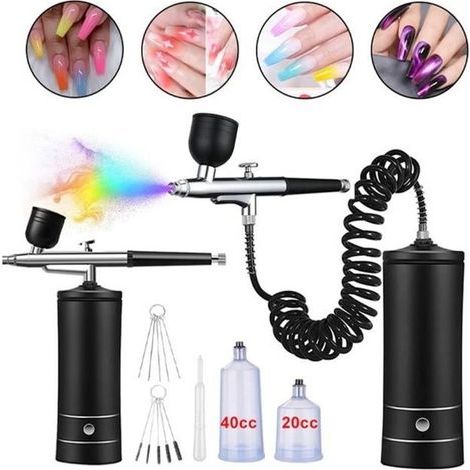 Kit aérographe avec compresseur Pistolet pulvérisateur portable sans fil pour ongles, peinture, maquillage, biscuits (noir) (1/4)