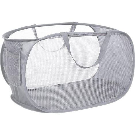 Panier à linge pop-up en maille robuste avec poche latérale et poignées de transport renforcées pour buanderie, salle de bain, chambre d'enfant, dortoir ou voyage, gris (1/5)