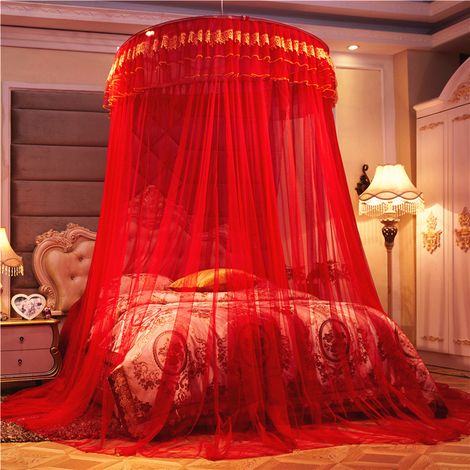 Couvre-lit rouge en dentelle brodée avec dôme, rideau et moustiquaire (1/5)