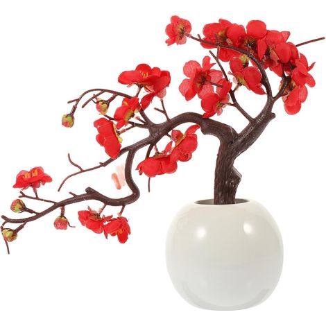 Bonsaï Artificiel de Chrysanthème Décoratif Petit Pot Rond en Céramique Rouge Fleurs Artificielles Réalistes, Décoration Végétale Intérieure pour Salon Bureau Chambre, Plante (1/5)