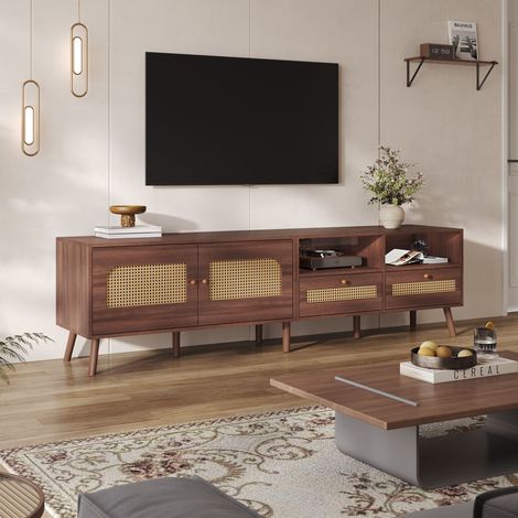 URBAN MEUBLE Meuble TV effet marron noyer portes en rotin 2 portes 2 tiroirs 200x37x49.5cm (1/5)