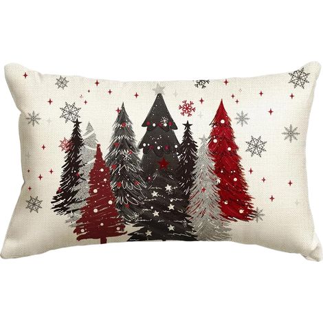 Kissenbezug aus Leinen im Landhausstil, 30,48 x 50,8 cm, winterliches Weihnachtsmotiv mit Weihnachtsbäumen und Schneeflocken (1/5)